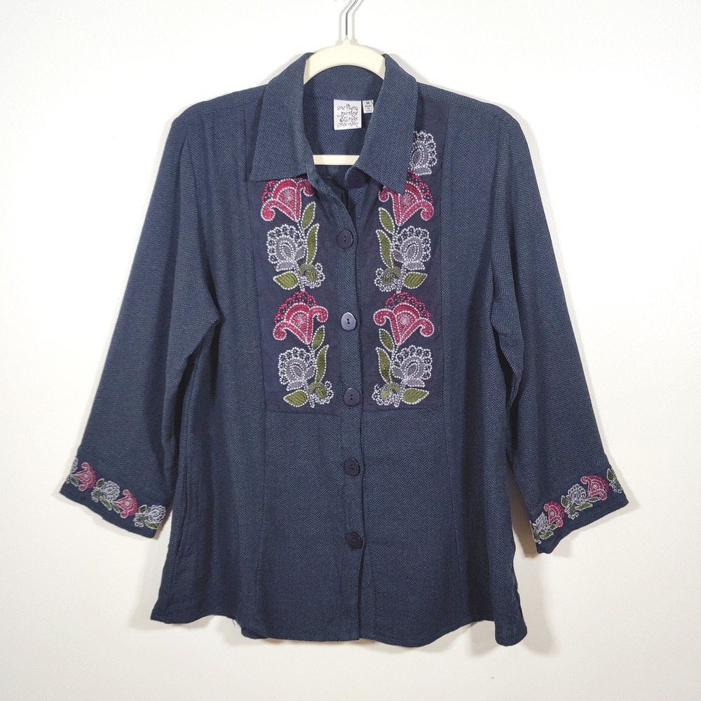Parsley & Sage Embroidered Cotton Herringbone Shirt M Artsy Boho Lagenlook Navy